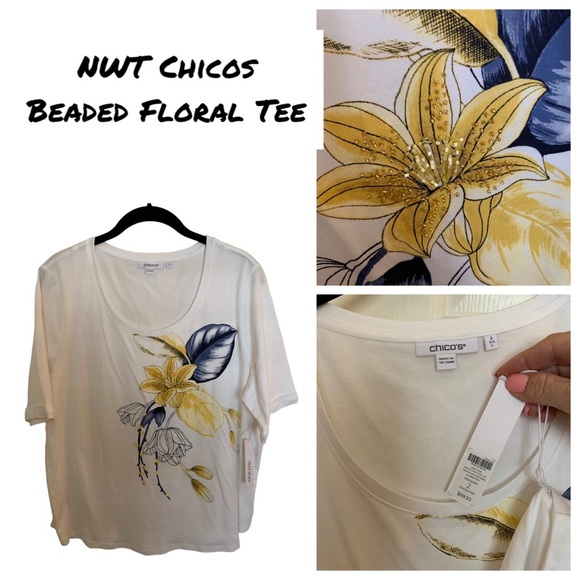 NWT Chicos Beaded Floral tee. Sz 2 (12-14). stretchy - Picture 1 of 6